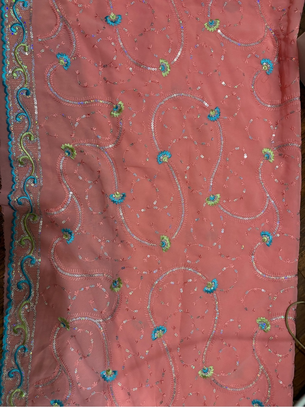 Embroidered Pink Women’s Saree with Blue Accents